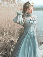 Sweet Lolita Outfits Blue Grey Metal Details Bows Jeweled manches longues Pull Jupe Cover-Up 2 pièces