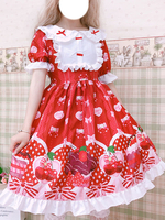 Sweet Lolita Robe OP imprimée noeuds rouges Ruffles Robes One Piece Lolita Déguisements Halloween
