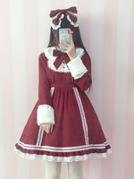 Sweet Lolita Robe OP Ture rouge Lolita Robe fourrure amovible col dentelle garniture Bow Déguisements Halloween