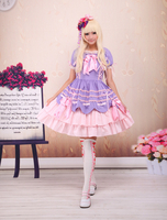 Sweet Lolita rose pourpre OP robe manches courtes couches arcs et garniture Déguisements Halloween