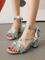 Sweet Lolita Sandales Fleurs Arcs Bout Carré En Cuir PU Violet Lolita Chaussures Dété