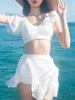 Sweet Lolita Tenues de Natation Volants Blancs Manches Courtes Jupe Pantalon Top Ensemble 3 Pièces
