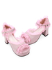 Synthétique cuir rose ébouriffées Trim milieu talon rond Toe Lolita sandales Déguisements Halloween