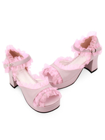 Synthétique cuir rose ébouriffées Trim milieu talon rond Toe Lolita sandales Déguisements Halloween