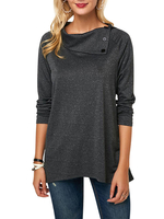 T-shirt à Col Revers Déco avec Boutons avec Manches Longues Bas Evasée Unicolore