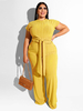 T-shirt à manches courtes à col bijou et chemisier jaune de grande taille; pantalon long; tenue dété décontractée; 2 pièces
