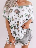 T-shirt à manches courtes en coton imprimé à col en V blanc pour femme