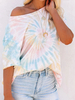 T-shirt à manches courtes imprimé bleu à col bateau et coton mélangé pour femme
