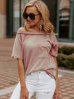 T-shirt à manches courtes T-shirt en polyester avec poches nouées roses passepoil bateau col bateau pour femme