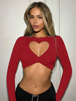T-shirt à manches longues en polyester rouge avec découpes et col bijou pour femme