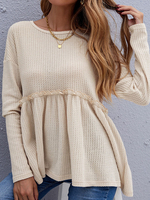 T-shirt Blouse en Côtelé Femme Décontracté à Col Rond avec Manches Longues Amples Coupe Cintrée Bas Evasée Unicolore T-shirt Femme