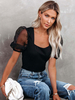 T-shirt Blouse Femme à Col Décolleté avec Manches Courtes Amples Coupe Cintrée Unicolore