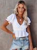 T-shirt Blouse Femme à Col Décolleté en V avec Manches Courtes Amples Coupe Cintrée Unicolore