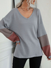 T-shirt Blouse Femme à Col V avec Manches Longues Tricolores