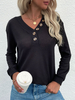 T-shirt Blouse Femme Court é à Col V avec Manches Longues Unicolore