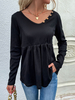 T-shirt Blouse Femme Court à Col V avec Manches Longues Bas Evasée Unicolore