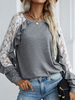 T-shirt Blouse Femme Décontracté Cousu en Dentelle Creusante à Col Rond avec Manches Longues Bicolores Blouse T-shirt Femme