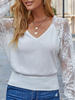 T-shirt Blouse Femme en Dentelle à Col V avec Manches Longues Transparent Unicolore