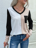 T-shirt Blouse Femme Imprimé à Col V avec Manches Longues Tricolores