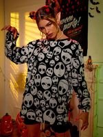 T-shirt Blouse Halloween Imprimé Femme à Col Rond avec Manches Longues Bicolores