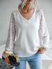 T-shirt Blouse Imprimé Femme à Col V avec Manches Longues Amples Unicolore
