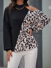 T-shirt Blouse Imprimé Léopard à Col Rond avec Manches Longues Bicolores