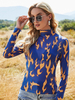 T-shirt Blouse Transparente Imprimé Courte avec Manches Longues à Col Montant Bicolores