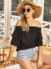 T-shirt Chemisier Blouse Femme avec Epaule Dénudée avec Manches Mi-longues Volantes Unicolore