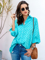 T-shirt Court Femme Imprimé Décontracté à Col Revers avec Manches Longues Bicolores avec Boutons Blouse Femme