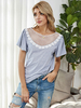T-shirt dété pour femme manches courtes gris clair dentelle irrégulière col bijou polyester t-shirt