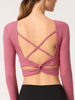 T-shirt de yoga dos nu à bretelles croisées à manches longues
