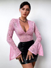 T-shirt en dentelle rose pour femme manches cloche col en V profond hauts transparents et sexy 2025