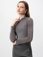 T-shirt en maille transparente pour femme haut à col roulé à volants et manches longues avec strass 2025