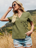 T-Shirt Femme Col V Manches Courtes Hunter Vert Boutons Asymétriques Polyester