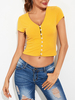 T-shirt femme manches courtes col en V t-shirts boutons jaunes haut court dété décontracté