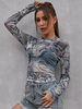 T-shirt Femme Manches Longues Gris Géométrique Col Bijou Lycra Spandex T-shirt