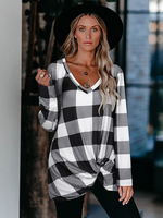 T-shirt Femmes à Col V avec Manches Longues Imprimé Carreaux Bicolores T-shirt Femmes