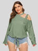 T-shirt Grande Taille Court Décontracté à Col Rond avec Manches Longues à Lacets Unicolore avec Epaule Dénudé