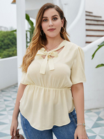 T-shirt Grande Taille Femme Court en Mousselines à Col V à Lacets Coupe Cintrée Elastique avec Manches Courtes Unicolore