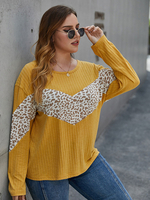 T-shirt Grande Taille Femme Court Imprimé Léopard Décontractés à Col Rond avec Manches Longues Amples Bicolores