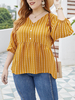 T-shirt Grande Taille Femme Court Imprimés Rayures à Col V avec Manches Longues Amples Coupe Cintrée Elastique Bas Evasée Bicolores avec Boutons