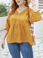 T-shirt Grande Taille Femme Court Imprimés Rayures à Col V avec Manches Longues Amples Coupe Cintrée Elastique Bas Evasée Bicolores avec Boutons