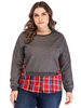 T-shirt Grande Taille Imprimés Carreaux Femme à Col Rond avec Manches Longues Décontracté Bicolores