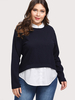T-shirt grande taille pour femme bleu marine T-shirt col rond manches chemisier surdimensionné bicolore
