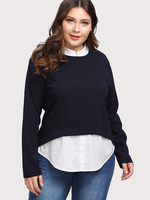 T-shirt grande taille pour femme bleu marine T-shirt col rond manches chemisier surdimensionné bicolore