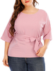 T-shirt grande taille pour femme col bijou manches courtes T-shirt manches à lacets chemisier décontracté surdimensionné en polyester