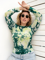 T-shirt grande taille pour femme col bijou manches longues motif imprimé passepoil polyester extensible T-shirt décontracté