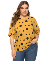 T-shirt grande taille pour femme jaune col en cœur demi-manches à pois t-shirt décontracté surdimensionné