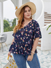 T-shirt grande taille pour femme motif imprimé floral col en v manches courtes polyester chemisier bleu marine