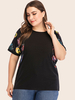 T-shirt grande taille pour femme noir col bijou manches courtes imprimé floral surdimensionné t-shirt décontracté